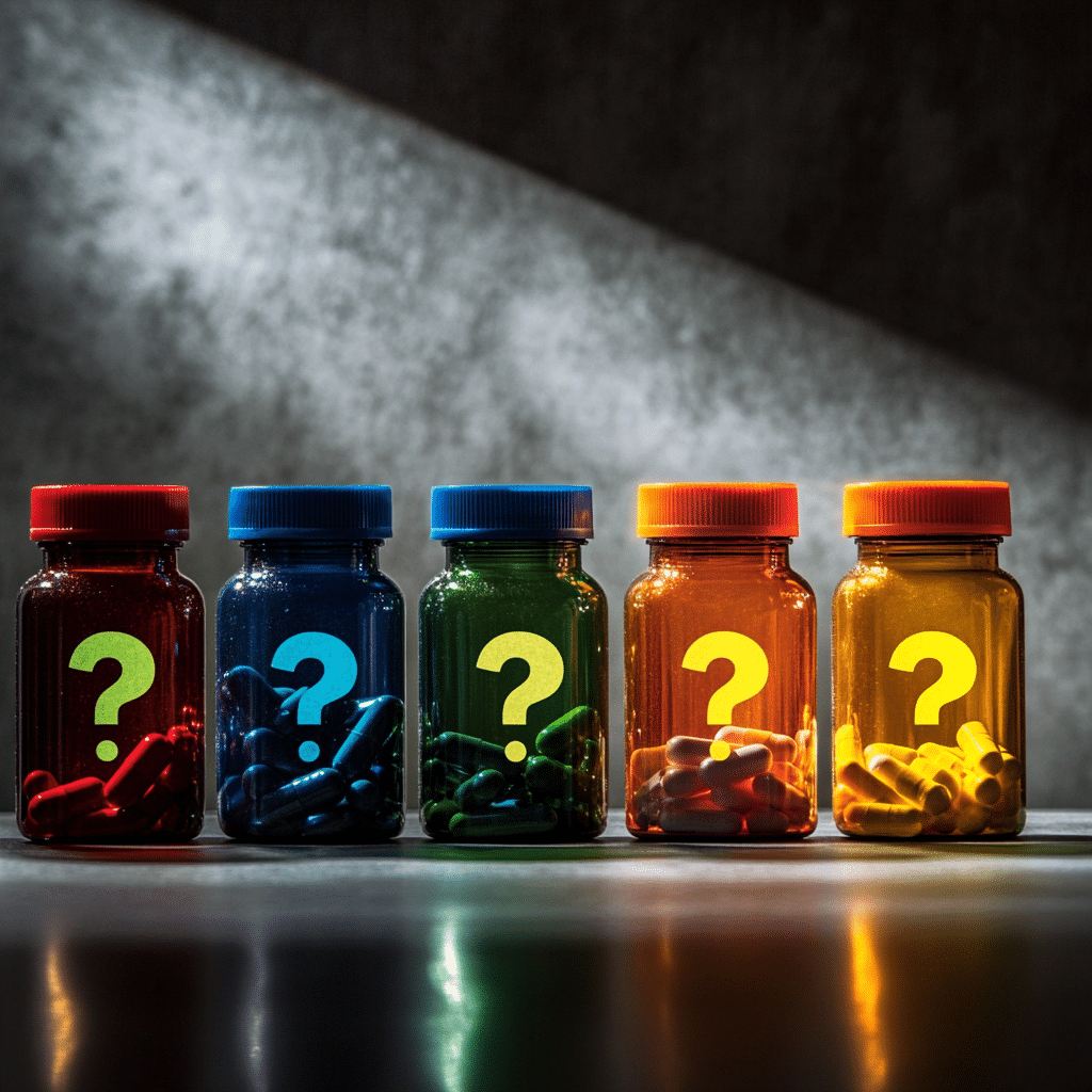 row of supplement bottles with question marks