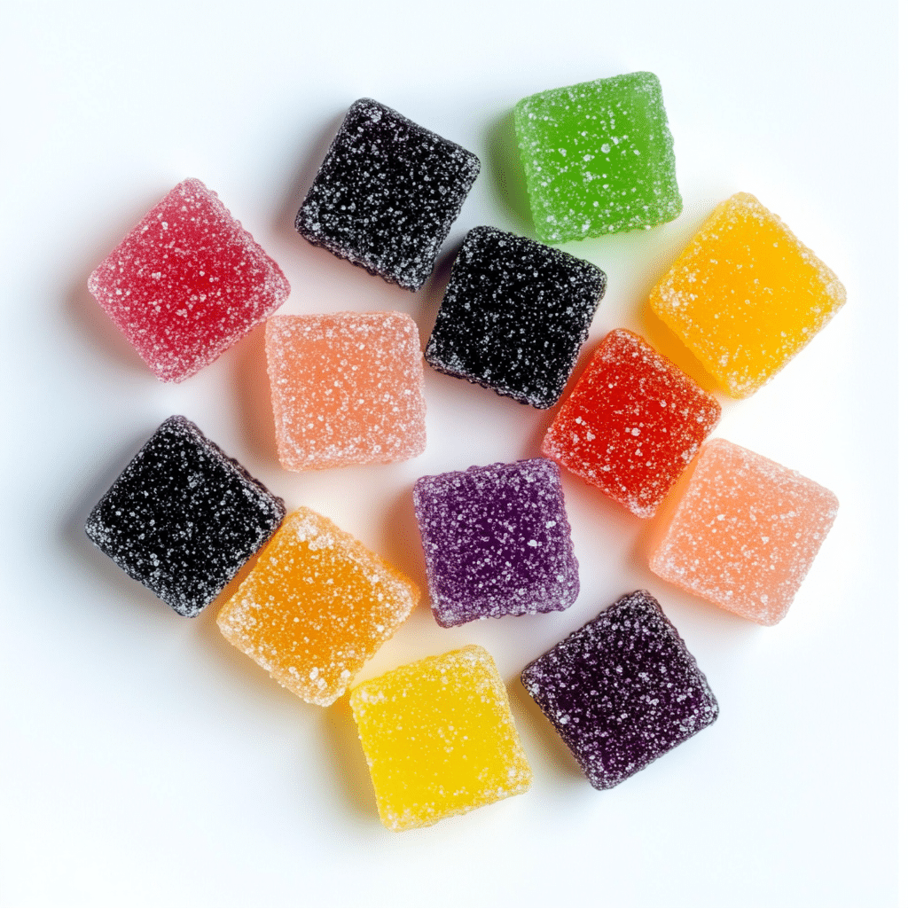 square gummies against white background
