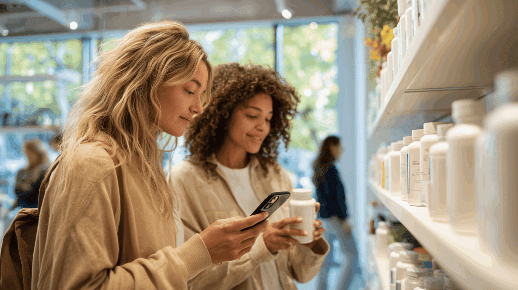 Gen Z shoppers inspecting supplement labels.