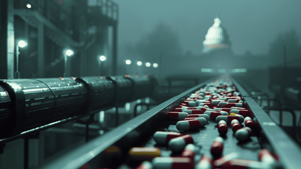 Conveyor belt of capsules in a dim factory, with the U.S. Capitol blurred in the background.